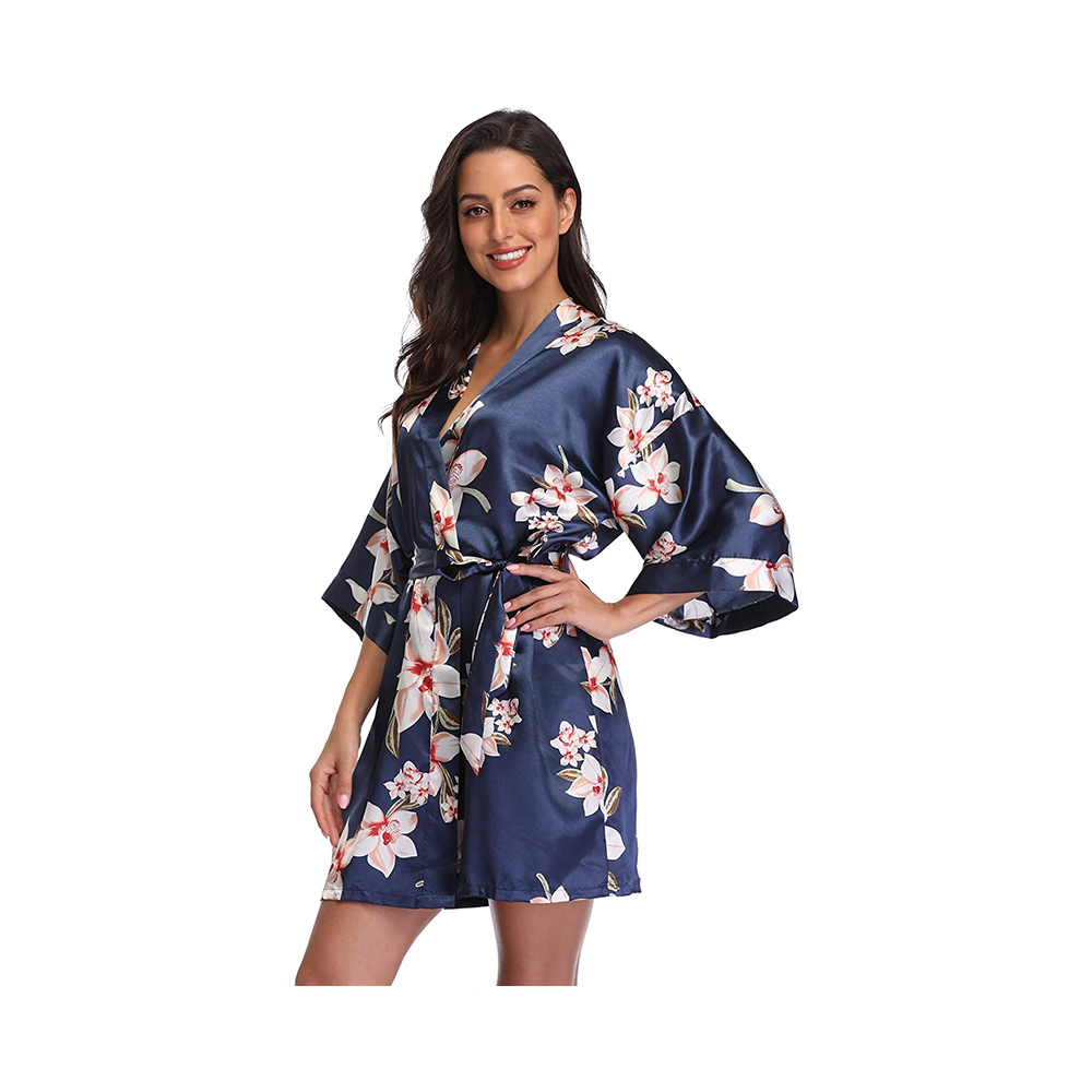 Satin dam blomtryck korta kimonos brudtärnor kort satin kimono sovkläder för bröllopsfest