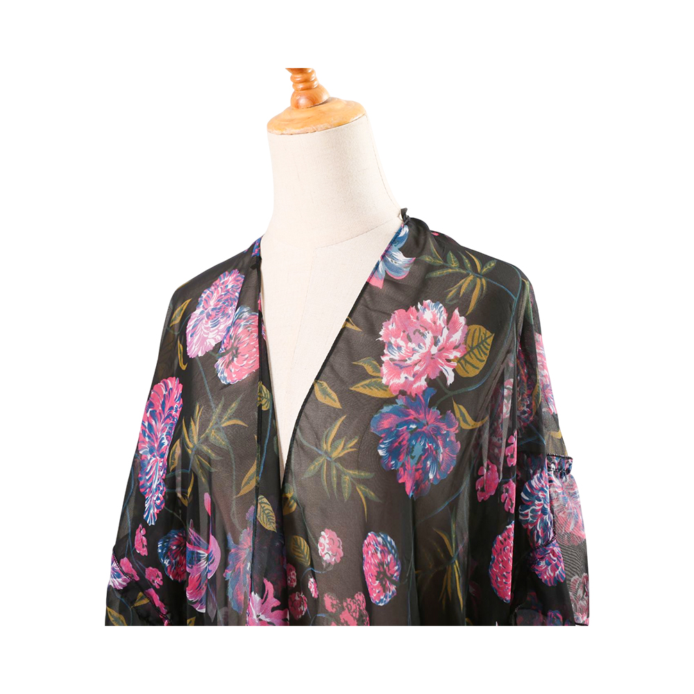 Damblommigt tryck puffärm chiffong kimono kofta lös täckande casual blustoppar