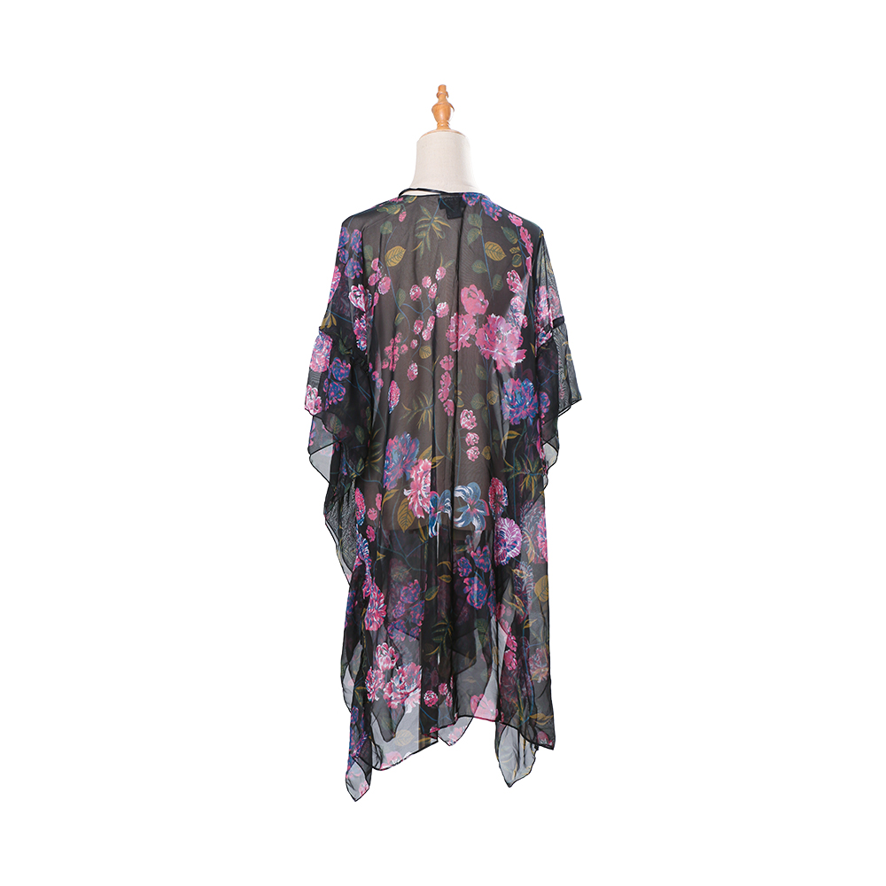 Damblommigt tryck puffärm chiffong kimono kofta lös täckande casual blustoppar