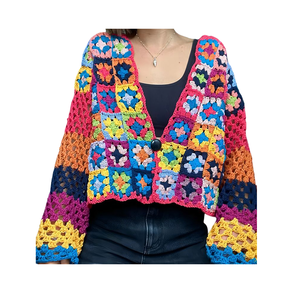 Granny square cardigan coat färgglad patchwork jacka cardigan handgjord virkad tröja